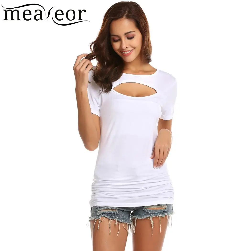 

meaneor Sleeve Slim Fit Casual Round Neck Short Women Keyhole T-Shirt Top
