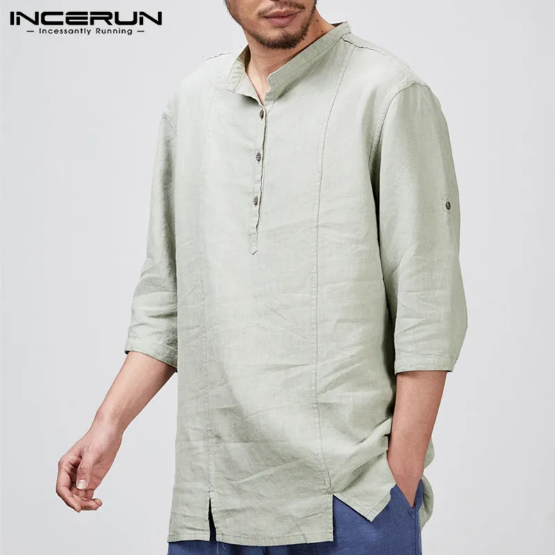INCERUN 2019 خمر عارضة قميص الرجال نصف كم الوقوف طوق زر قمم الشارع الشهير الصينية نمط الأساسية قمصان الرجال Camisa 5XL