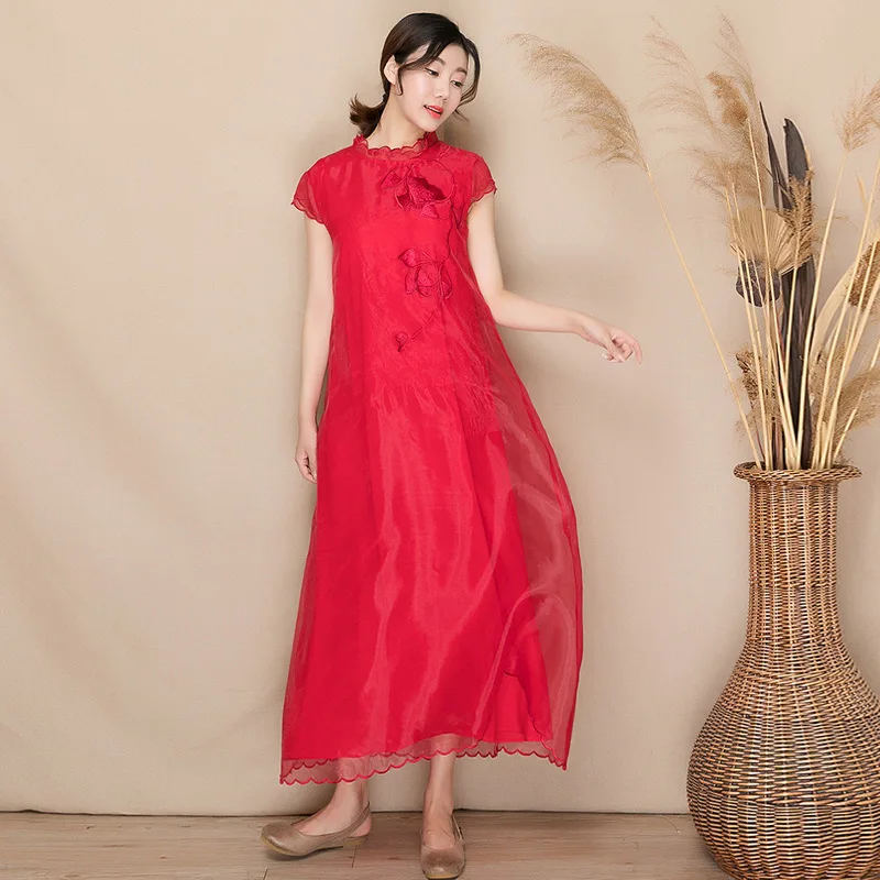 

2019 new summer models Yunnan embroidery women's organza embroidered dress oversize sleeveless long dress female