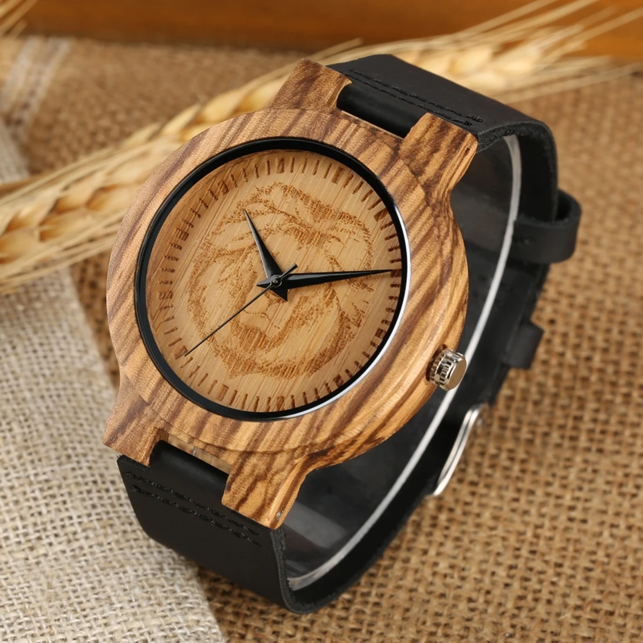 

Retro Watch for Men Lion Dial Quartz Wood Men's Wristwatch Clock Hour Black Genuine Leather Band Top Gifts 2019 Reloj Hombre