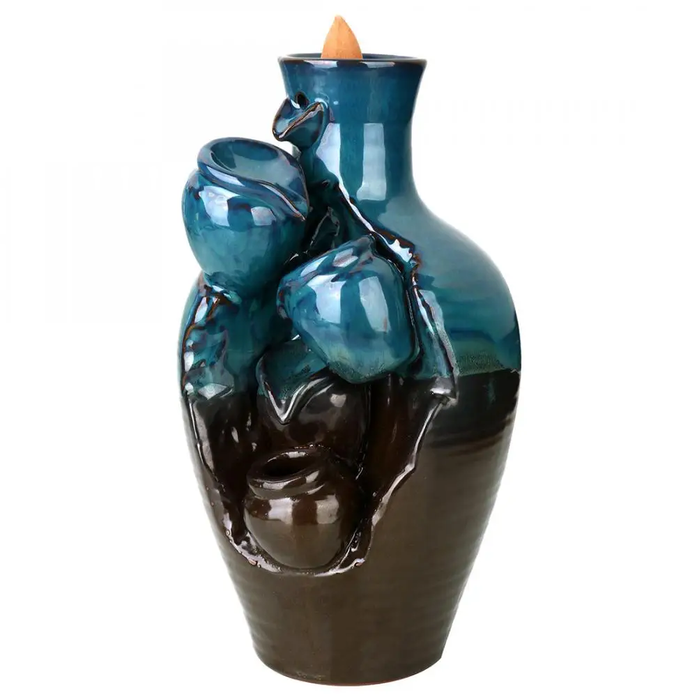 

Vase Shaped Backflow Censer Bule Brown Mixed Color Burner Incense Waterfall Aromatherapy Incense Burner Holder Home Decoration