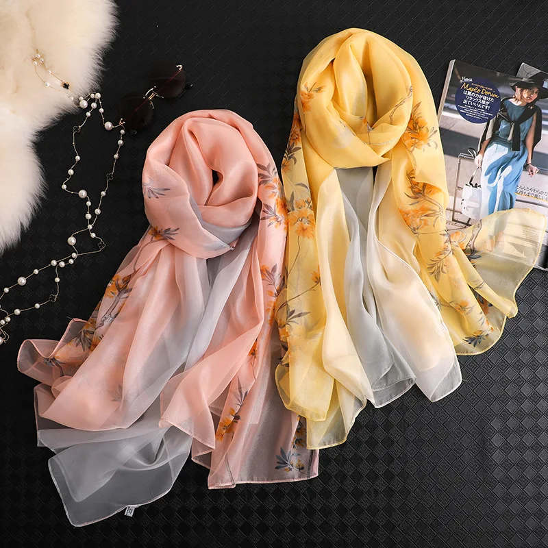 

2019 new summer scarf women fashion Gradation floral silk scarves shawls and wraps lady pashmina foulard bandana hijabs scarfs