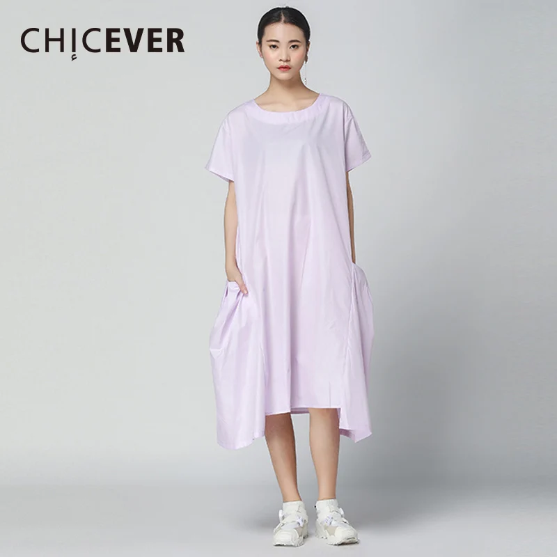 CHICEVER Повседневное платье для женщин с круглым вырезом с коротким рукавом и большими карманами 2019 летние платья для женщин топ