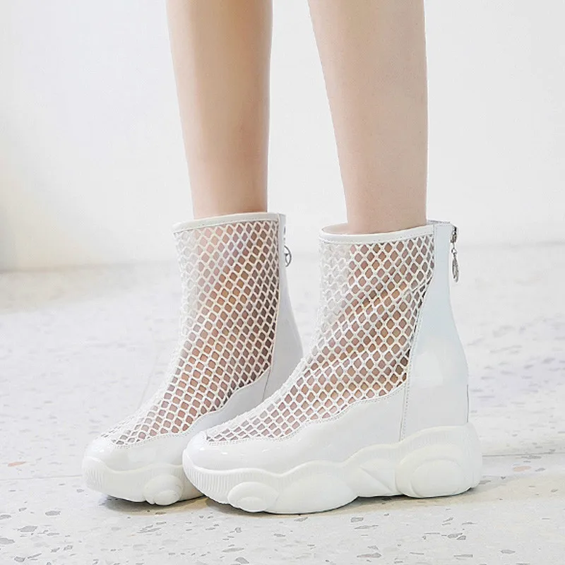 

SWONCO Shoes Woman Sneakers 2019 Summer Ladies Casual Shoes White/black Increase Wedge Anle Boots Mesh Boots Breathable Back Zip