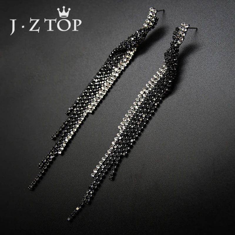Женские серьги подвески с кристаллами JZTOP черные роскошные стразы Длинные