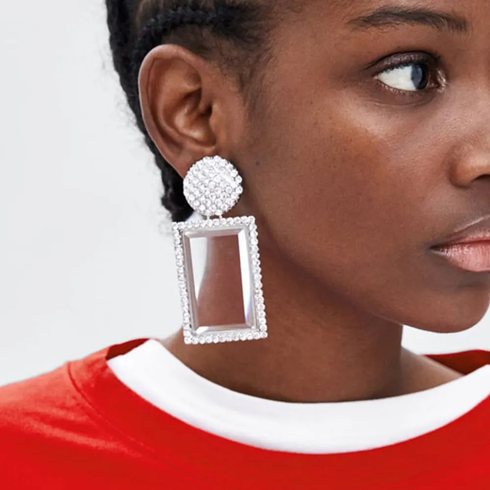 

Flatfoosie ZA Fashion Square Glass Drop Earrings For Women Boho Shiny Elegant Statement Big Dangle Earring Jewelry Wedding Party