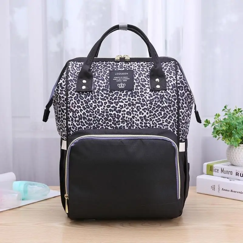 

Waterproof Mummy Diaper Leopard Print Handbag Large Capacity Fashion Maternity Backpack with Stroller Straps for Baby Care
