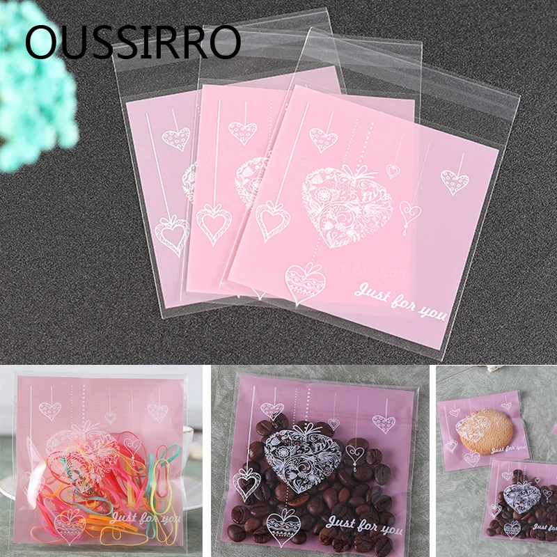 

50PCS Pink Love Christmas Gift Bag DIY Biscuit Cookies Bag Plastic Packaging Bags For Candy Chocolate Transparent Self-adhesive