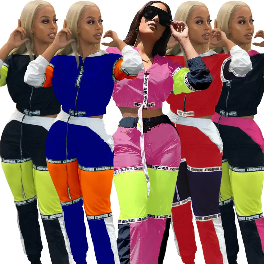 

2019 Polyester Hot Sale Full Street Fashion Two Piece Set Stitching Letters Drawstring Jacket + Trousers 2 Piece Set Women