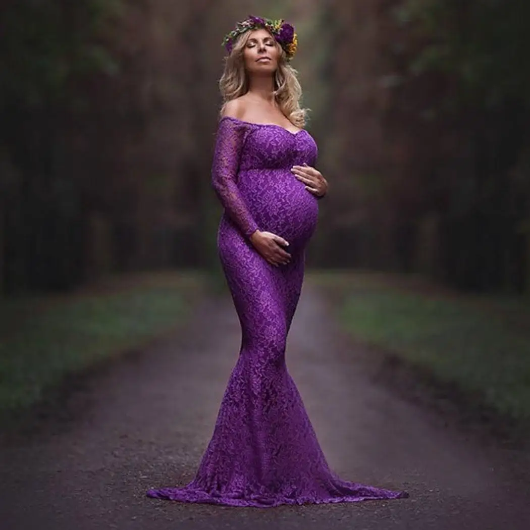 

Fashion Pregnant Women Off Shoulder Lace Floral Wedding Long Dress Wedding, Party Sleeve Full Length
