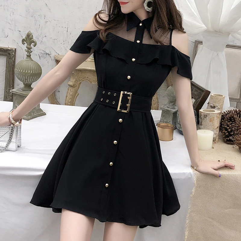 Vestido corto coreano de verano para mujer, botonadura minivestido de una  sola coreano, dulce elegante, negro, para oficina y trabajo, con cinturón,  jurken, 2021|Vestidos| - AliExpress