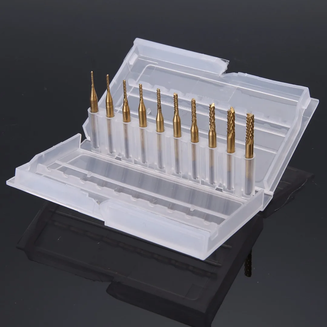 

10pcs 1/8'' Shank Drill Bits 0.8-3.175mm Titanium Plating Engraving Cutter PCB CNC End Mill Tool Set for Carving