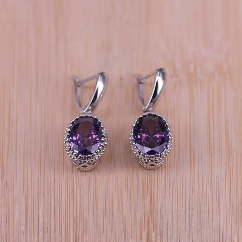 Top Quality Exquisite Purple Silver Color Women Wedding Necklace Earring Ring Zircon Crystal Costume Jewelry Sets