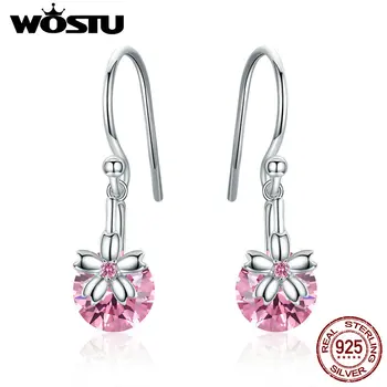 

WOSTU Fashion 925 Sterling Silver Pink Sakura Flower Zircon Drop Earrings For Women Wedding Silver 925 Jewelry Earring CTE039