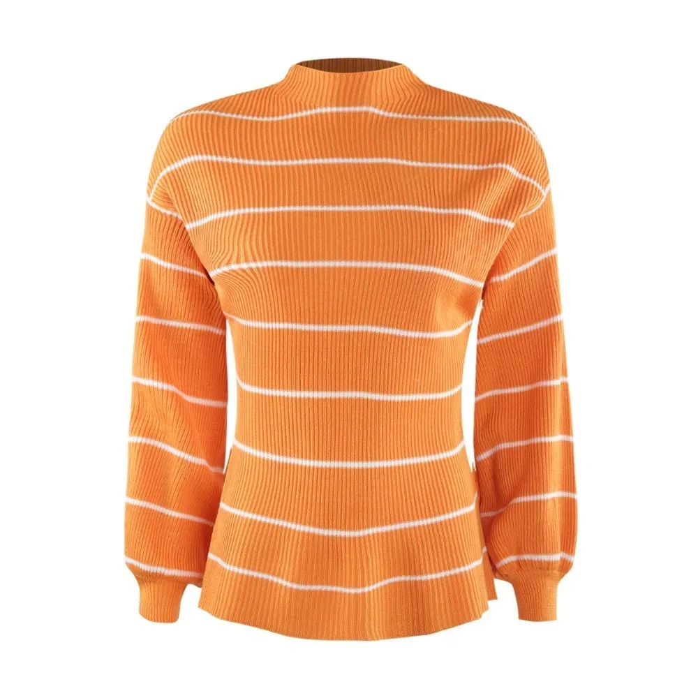 HYH HAOYIHUI Youth Vitality Yellow Tops Stripe Half Collar Bishop Sleeve Easy Sweater Women  New Arrival Streetwear