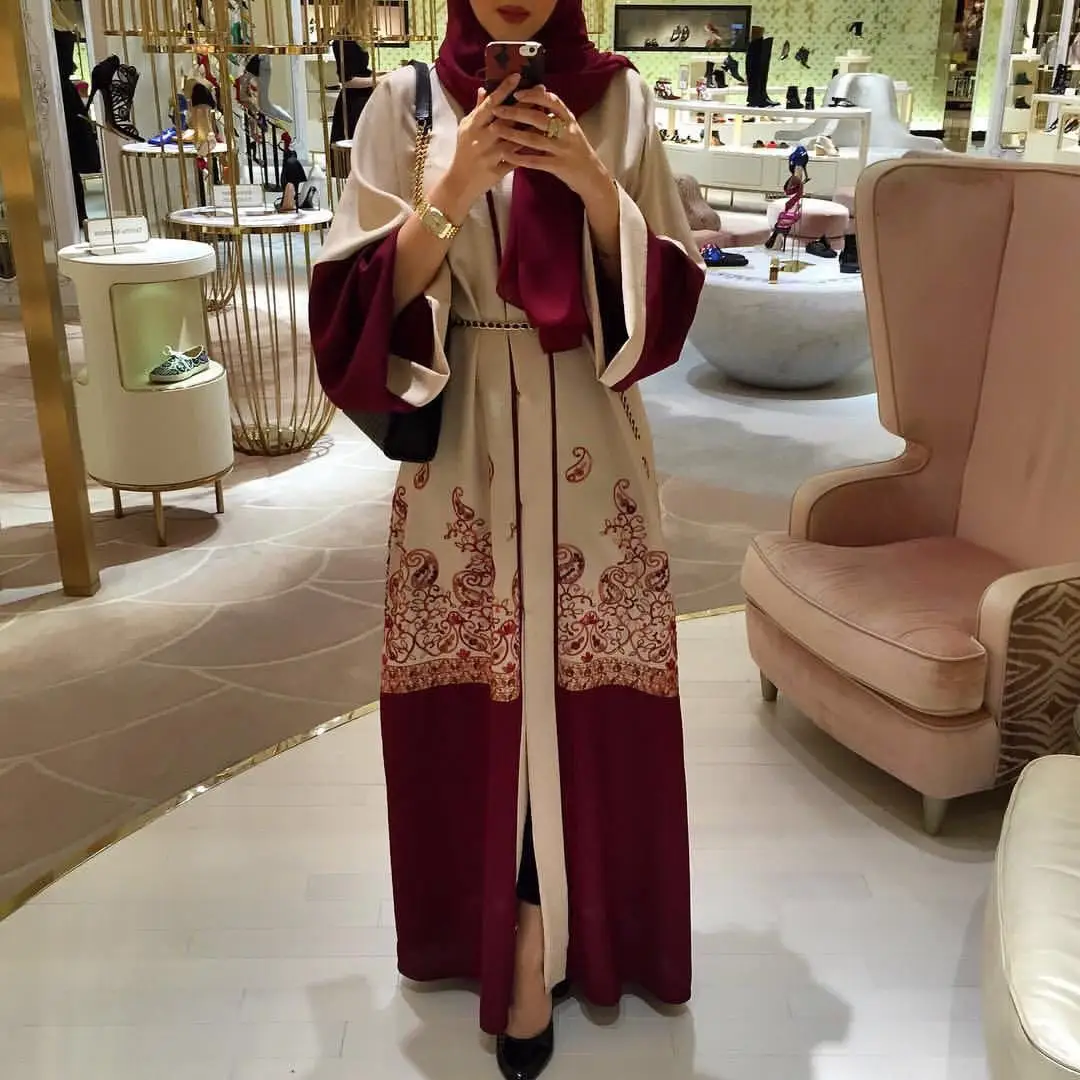 Рамадан мусульманских для женщин кардиган открытой передней абаи этнические печатные длинное платье, Роба платье из Дубаи Туника Арабский