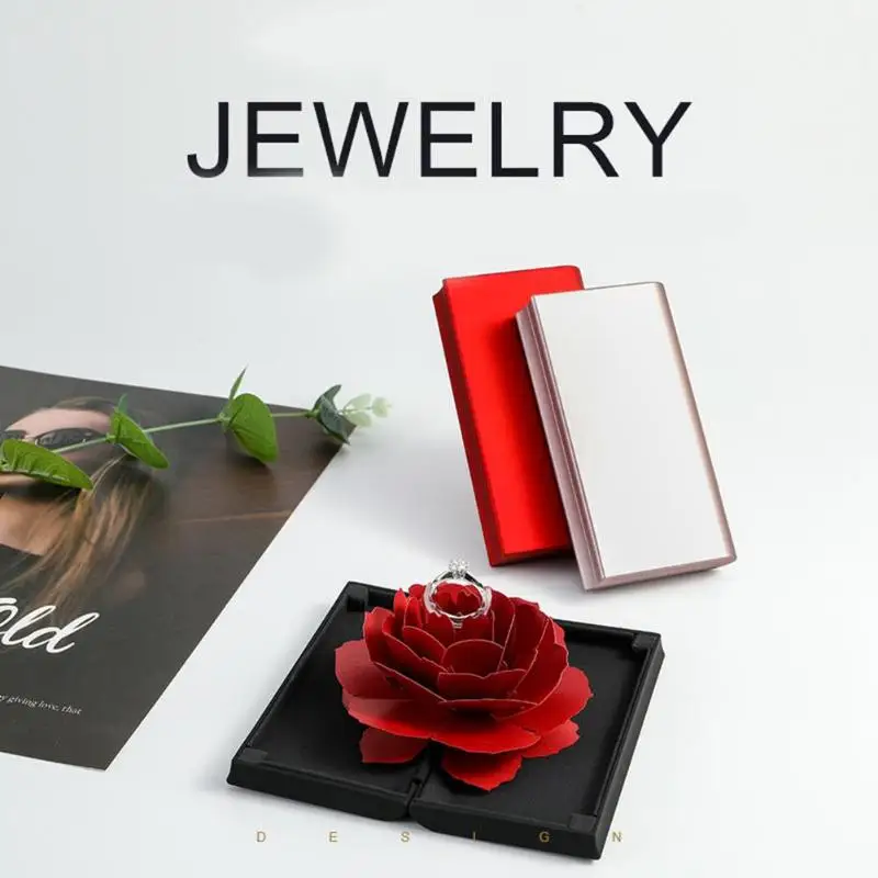 

Rotating Rose Ring Box Creative Resin Flannel Wedding Decoration Valentine's Day Gift Rings Box Jewelry Storage Packaging Case