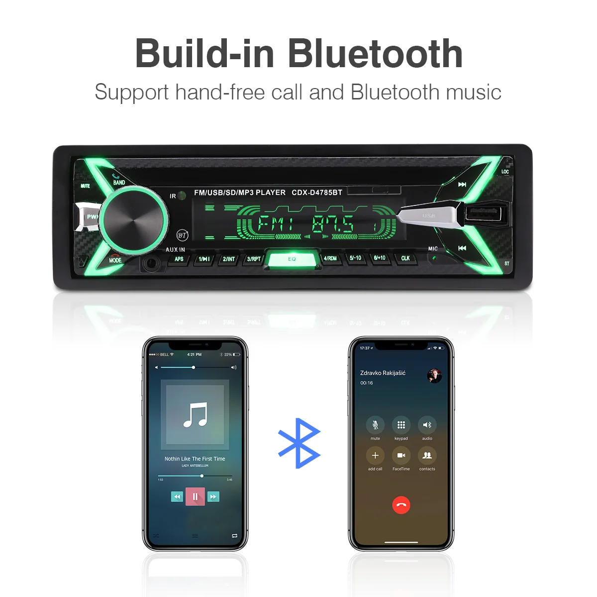 Автомобильный MP3 плеер Excelvan 1din со съемной панелью Bluetooth семицветная подсветка