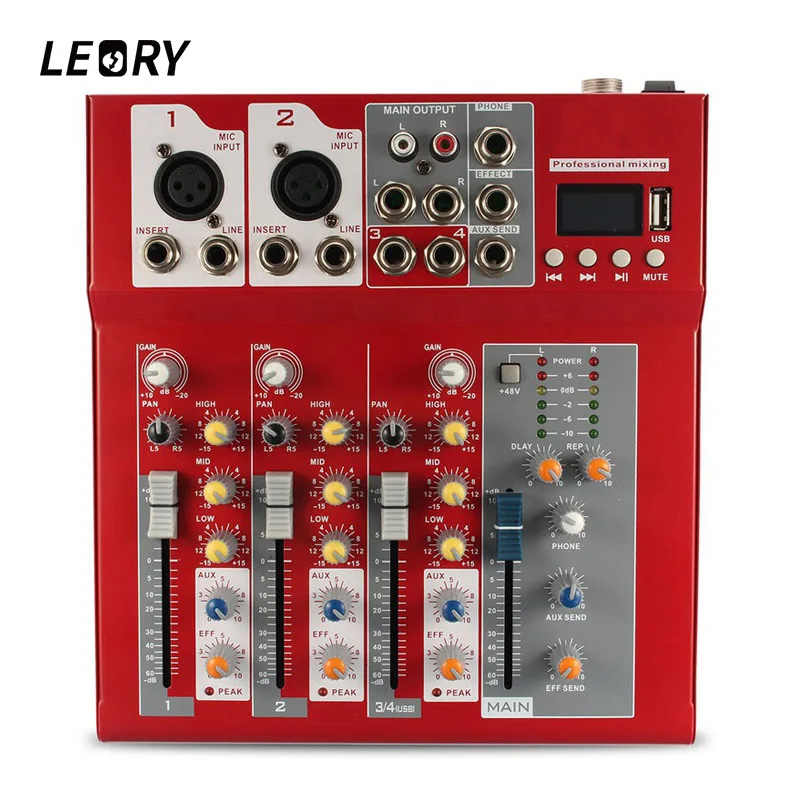 

LEROY Mini 4 Channel Recording Sound DJ Mixing Console 48V Bluetooth Audio mixer with USB Digital Sound Console Mixing