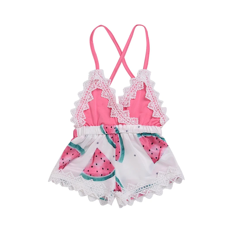 

Summer Newborn Toddler Baby Girl Children Lace Romper Watermelon Print Jumpsuit Sleeveless Lace Up Playsuit Babe Girl Clothing