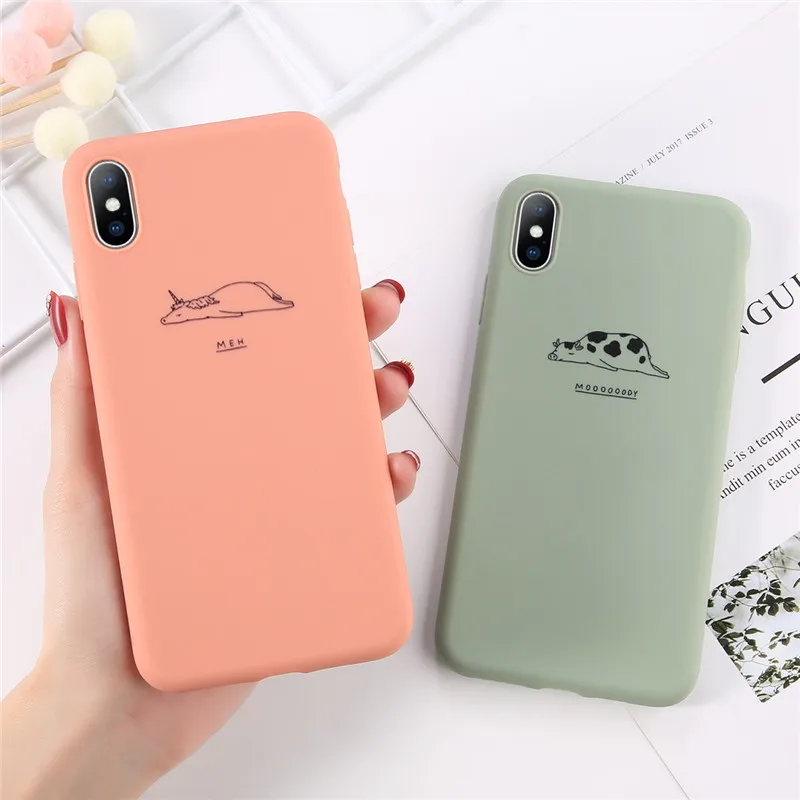 

Ottwn Cartoon Cow Animals Phone Case For iPhone 6 6s 7 8 Plus Soft TPU Simple Letter Cases Cover For iPhone X XS XR Xs Max Coque