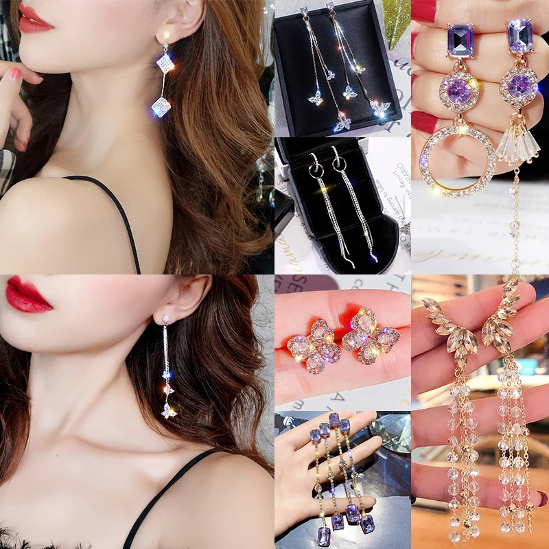 

Fashion Long Geometric Drop Earrings For Women Luxury Crystal Star Rhinestones Tassel Femael Earrings Weddings Jewelry