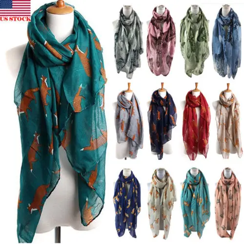 

USA women long Animal Floral soft Fox Pattern Cotton Scarf Wrap Shawl Scarves Fashion Stole