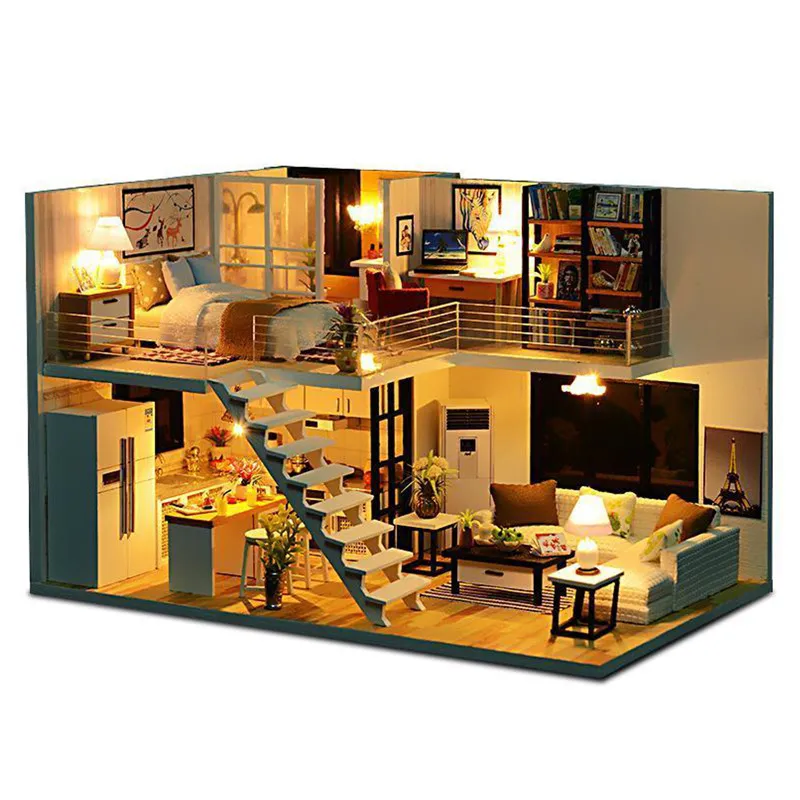 DIY Handcrafted Dollhouse Toy Wooden Miniature Furniture Kit LED Light Kid Gift