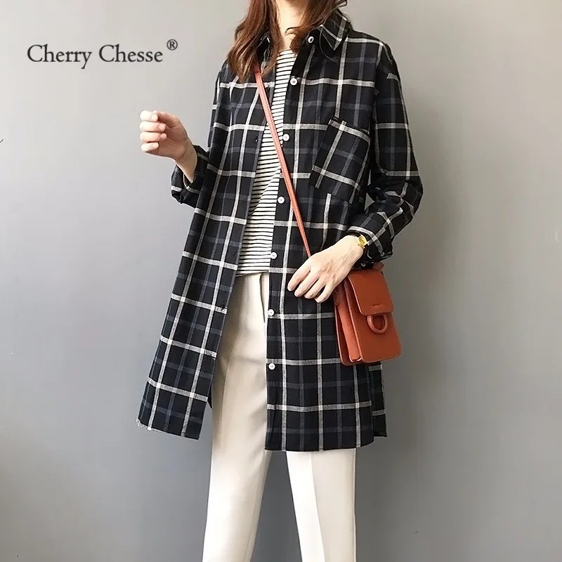 Cherry Chesse Vintage Plaid Women Blouse Button Turn Down Collar Pocket Shirt Female Autumn Spring Tops |