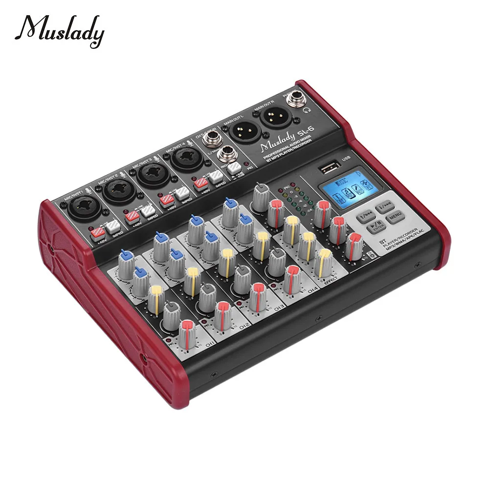 

Muslady SL-6 6-Channel Mixing Console Mixer 2-band EQ Built-in 48V Phantom Power Supports BT Connection USB MP3 Player for Live