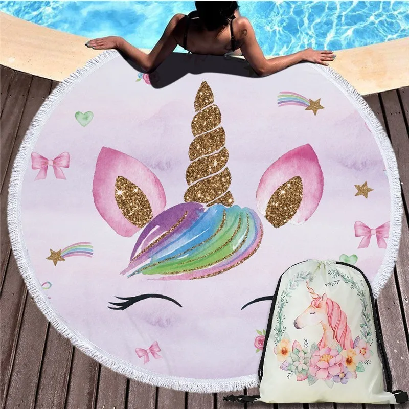 Cartoon Unicorn 150cm Round Beach Towel Wall Tapestry Picnic Blanket Portable Outdoor Sport Storage Bag Bundle Pocket Kids Gift