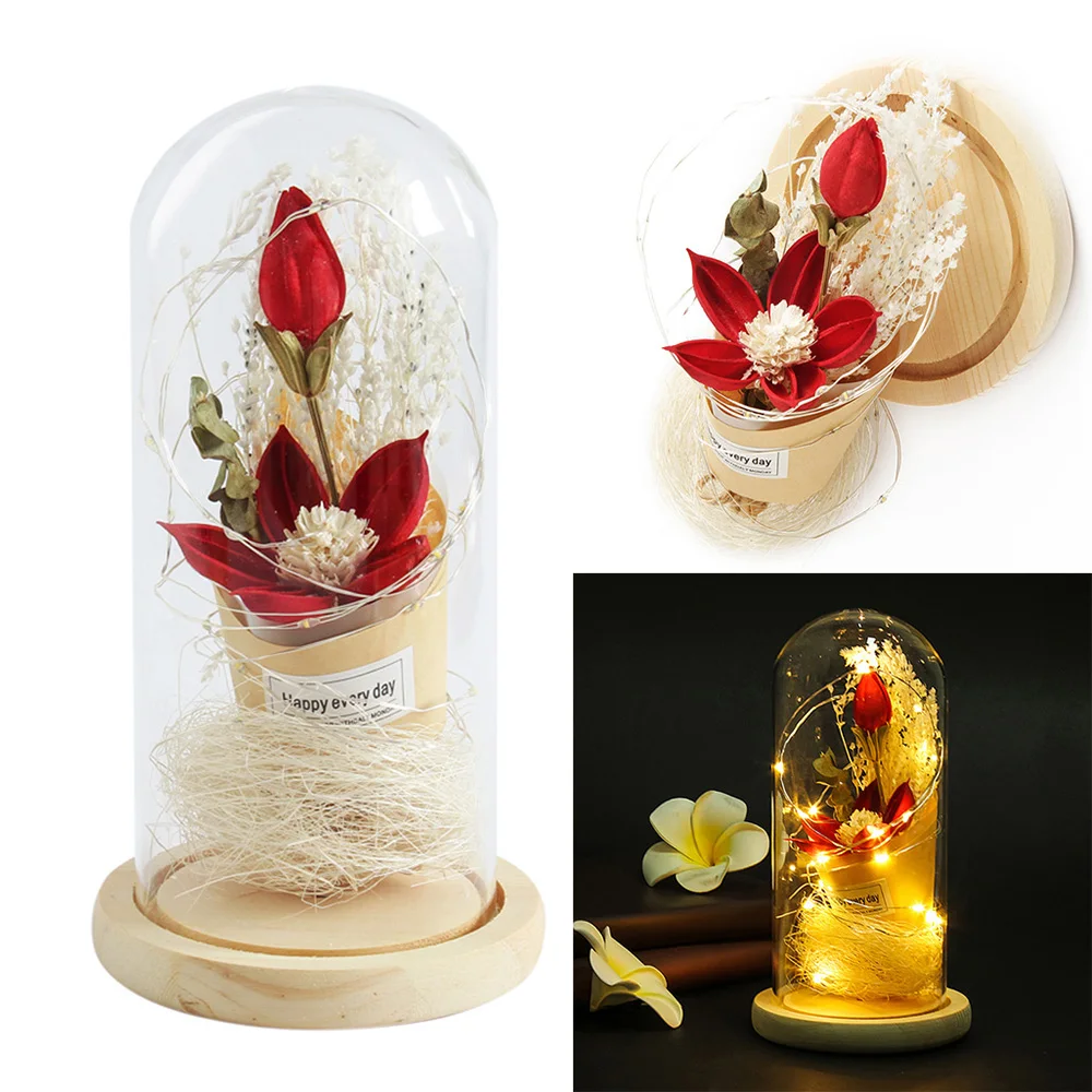 

Artificial Flowers Silk Plastic Rose Branch in Flask LED Rose Bottle Lamp Valentines Day Gift Fake Flowers