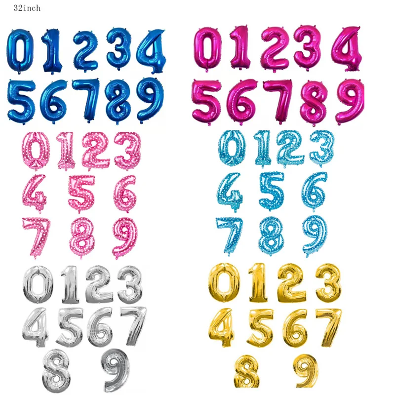 

Large 32inch 1PC pure pink blue number 0-9 foil balloons gold silver digital helium balls birthday party decor Wedding supplies