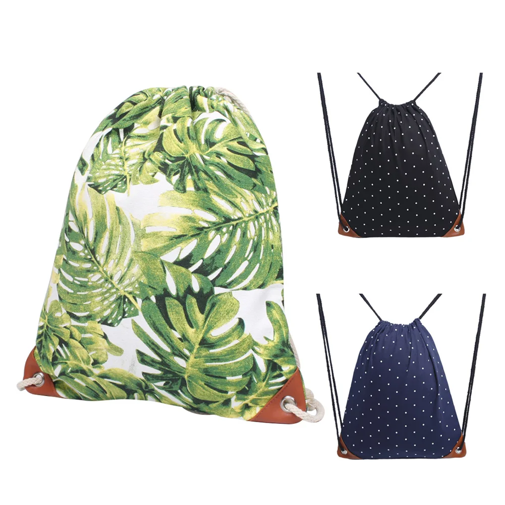 

Foldable Canvas Backpack Women Drawstring Bag Beach Sports Multifunctional Portable Print Polka Dot Sack Outdoor Gym Bag ~3