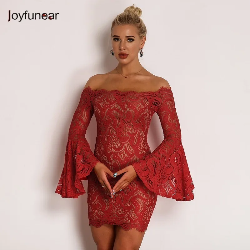 

Joyfunear Slash Neck Summer Lace Dress Women Red Flare Sleeve Hollow Out Design Bodycon Mini Dress Sexy Backless Vestidos 2019