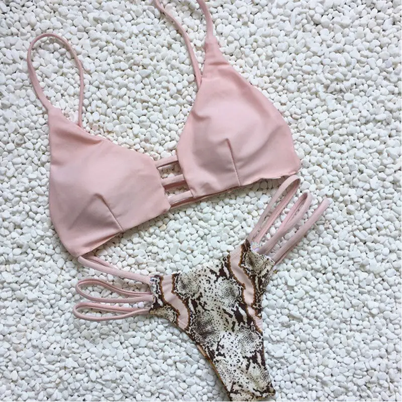 

2019 Women Bandage Bikini Sets Cute Pink Push-up Padded Bra Snake Skin Triangle Shorst Swimsuit Bathing Suit Swimwear