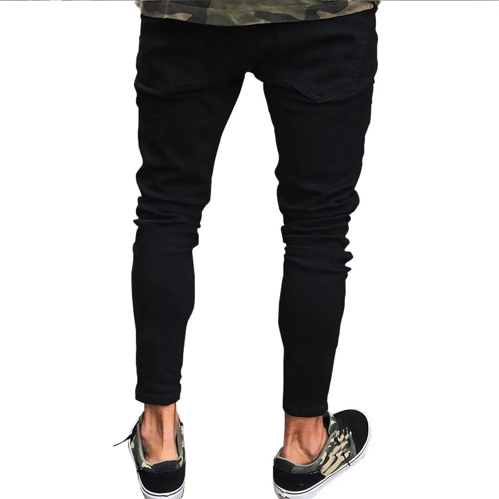 Fashion Men Ripped Skinny Jeans Stretch Destroyed Frayed Slim Fit Denim Pant with Zipper Pencil Pants Trousers Men Clothes