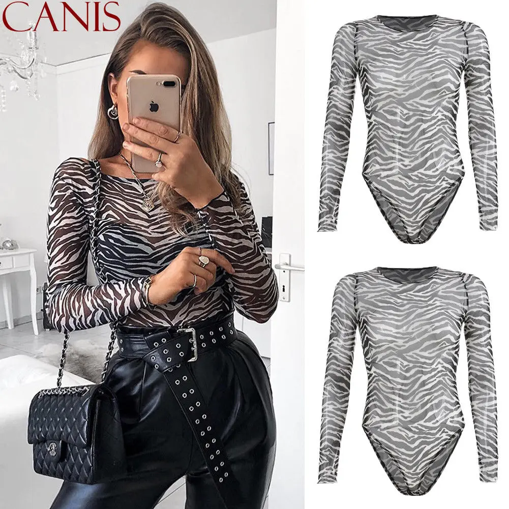 Sexy Women's Long Sleeve Animal Zebra stripe Print Ladies Leotard