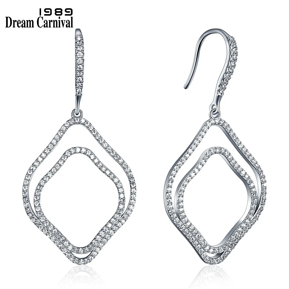 

DreamCarnival 1989 Silver 925 Double Square White CZ Stones Ladies Wedding Party Banquet Gifts Fish Hook Drop Earrings SE09169
