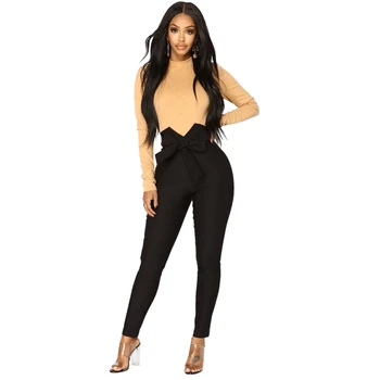 

NEW-Women High Waist Casual Trousers Fashion Ladies Bowknot Solid Slim Skinny Pants Bandage Elasticity Pencil Pants With Sashe