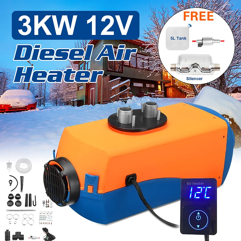 

HCalory 2KW 12V Car Fuel Heater Parking Warmer Free Silencer Kit Digital Knob Camping Travel Skiing Driving Home Truck Motorhome