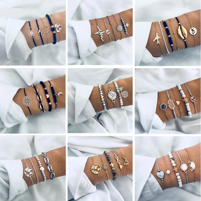 

Octbyna Popular Map Shell Love Letter Crystal Beads Chain Multilayer Gold Charm Bracelet Set For Women Jewelry Dropshipping