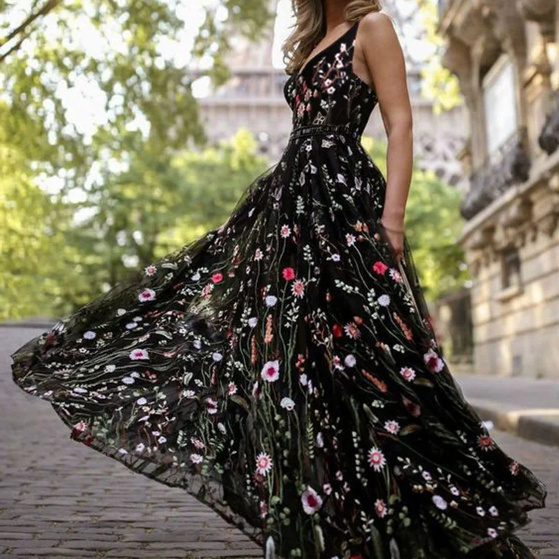 

Ladies Elegant Maxi Dress Formal Ball Gown Floral Embroidered Sexy Backless Hot