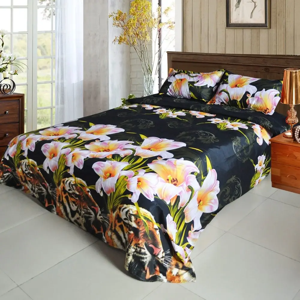 

4pcs 3D Printed Bedding Set Bedclothes Tiger and Lily Flower King Size Duvet Cover+Bed Sheet+2 Pillowcases Bedding Set 2019 bed