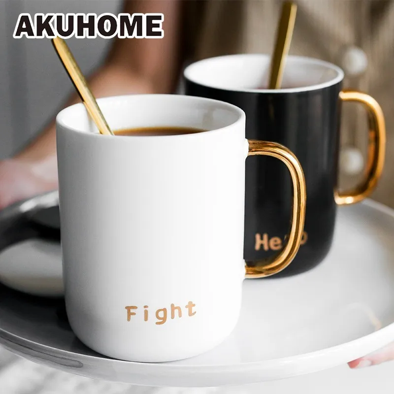 

Northern Europe Breakfast Ceramic Mug Concise Coffee Cup Bring Cover Spoon Office Mug Lovers Cup AKUHOME