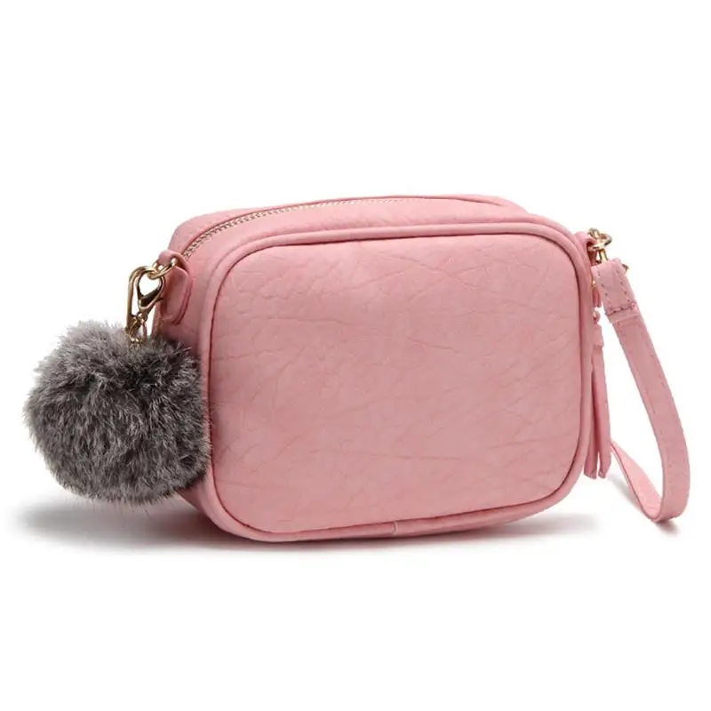Casual Women Mini Crossbody Bag Embossed PU Leather Small Messenger Shoulder Bag With Pompom Female Tote Sac