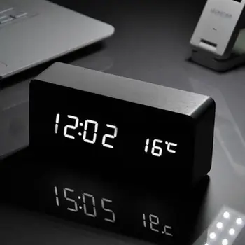 

JX-LCLYL LED Time Thermometer Wooden Alarm Clock Snooze Voice Control Digital Table Clock