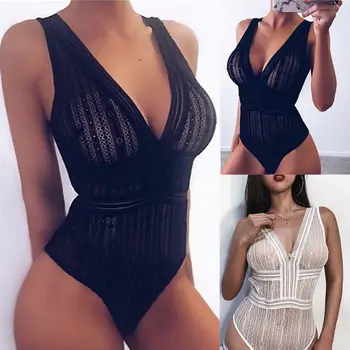 

Women Ladies Lace Bodysuit Sexy Deep V-Neck Backless Sleeveless One Piece Top Romper Nightwear