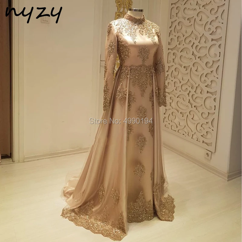 

NYZY MW20 robe soiree dubai Arabic Evening Dress Gold Beaded Elegant Hijab Long Sleeve Muslim Evening Gown abiye gelinlik 2019