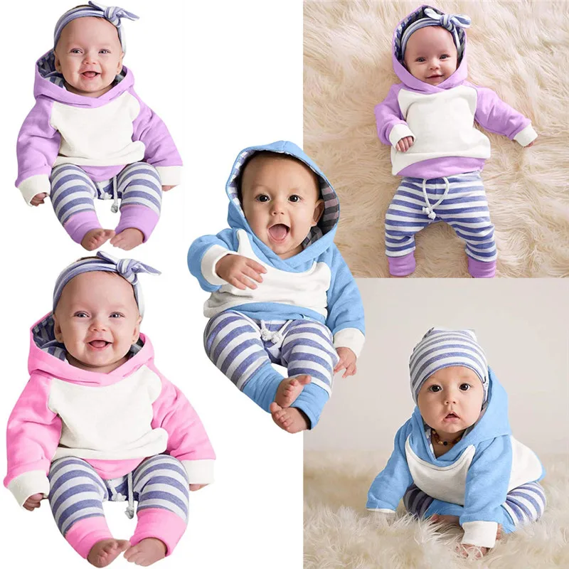 CANIS 2Pcs Toddler Kids Baby Boy Girl Sweatsuit  Hoodie Tops stripe splice Winter Warm Pants Leggings Clothes Sets Boys Girls